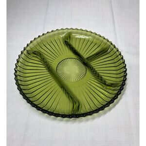 Indiana Glass Green Divided Relish Plate – 10" Vintage Pressed Glass MCM